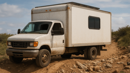 White box truck navigating a rocky trail with solar panels on the roof, a black framed RV-style window, and a cab-to-box pass-through opening — ideal example of an accordion boot box truck conversion.