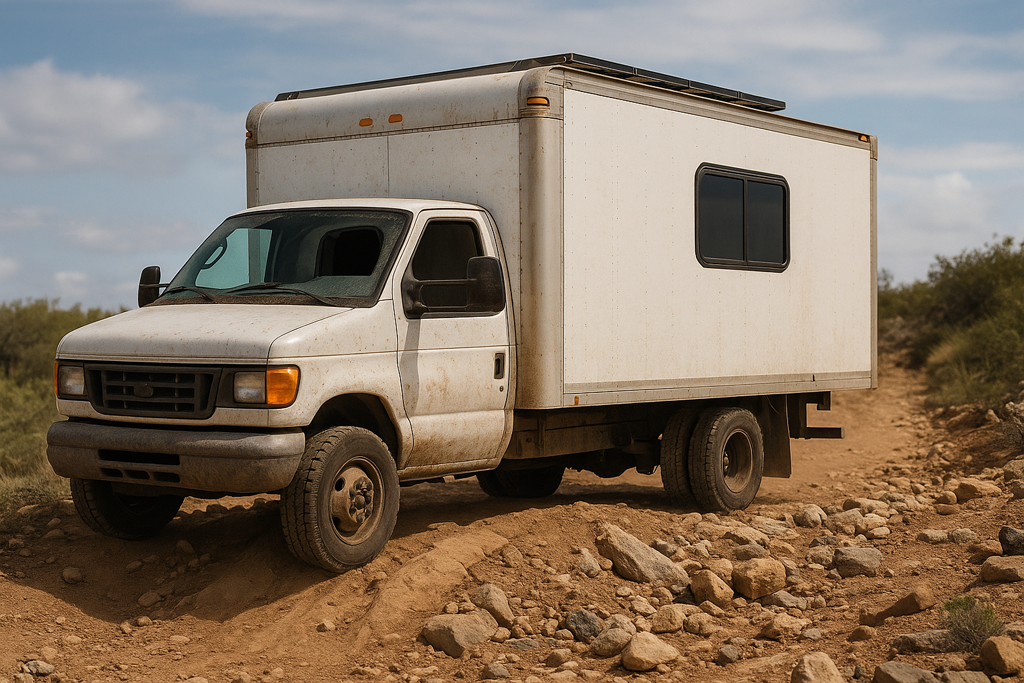White box truck navigating a rocky trail with solar panels on the roof, a black framed RV-style window, and a cab-to-box pass-through opening — ideal example of an accordion boot box truck conversion.