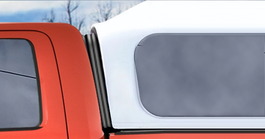 Camper shell side view showing accordion boot connection