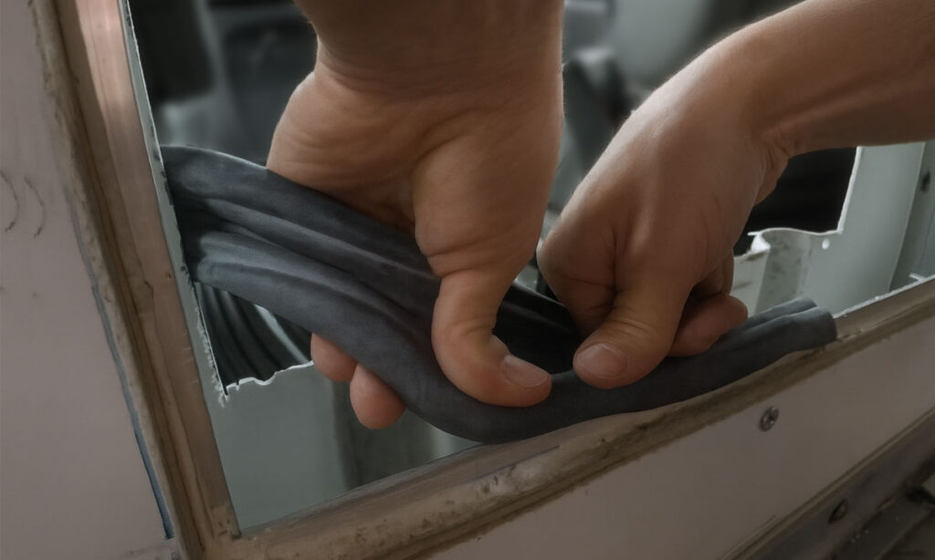 Close-up of hands pressing a gray accordion boot onto an aluminum flange in a box-truck passthrough